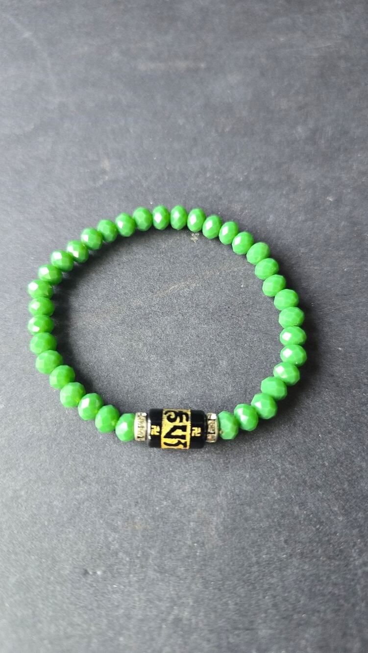 Green Beaded Stretch Bracelet Womens Religious Script Charm Jewelry 7.5in